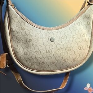 Vintage Christian Dior Honeycomb Crossbody Long Hobo Saddle Style Bag Beige